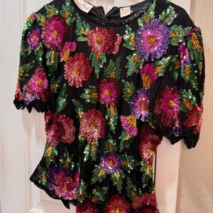 Vintage Laurence Kazar Black Top with Multicolor Sequin Flowers